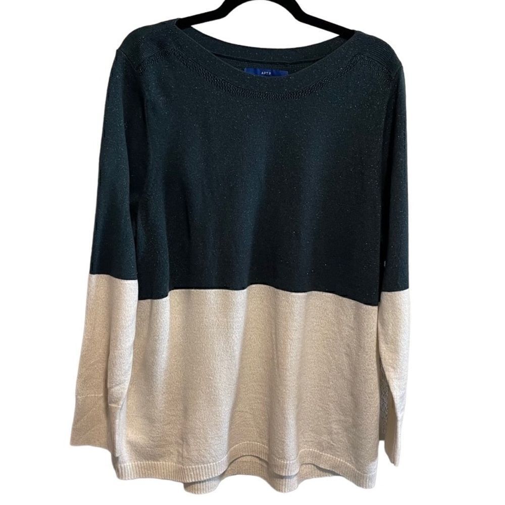 Apt. 9- Dark Green & Cream Color Block Sweater with Pointelle Knit, Size XXL